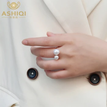 ASHIQI Prírodné sladkovodné Perly Dvojité Pearl 925 Sterling Silver Otvorte Nastaviteľné Prst Prsteň kórejský pre Ženy 2022 Trendy