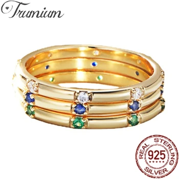 Trumium S925 Striebro Cubic Zirconia Prstene pre ženy Zapojenie Svadobné Kapela Jednoduchá Geniálna Zlatá Farba Prstene, Šperky Darček
