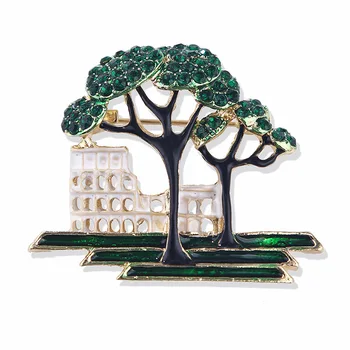 TULX Smalt Budovy Brošňa Zelená Drahokamu Strom Brošňa pre Ženy Domu Rastliny Brošňa Klopě Pin Oblečenie Šatku Odznaky Šperky