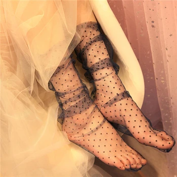 1pair Ženy Sexy Dot Čipky Ponožky Transparentné Oka Členkové Ponožky Dámy Ultra-Tenké Princezná Tylu Ponožky Žena Meias