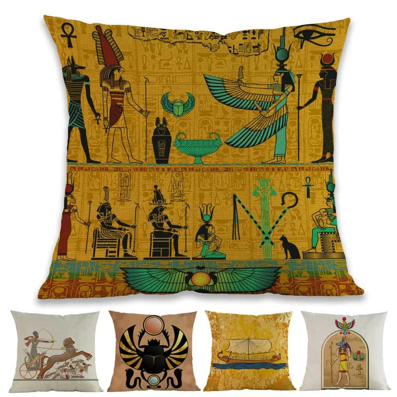 Staroveký Egypt Slnko Boh Anubis Khepri Pictograph Symboly faraon Ramses Papyrus Vankúš Domov Gauč dekorácie Vankúš